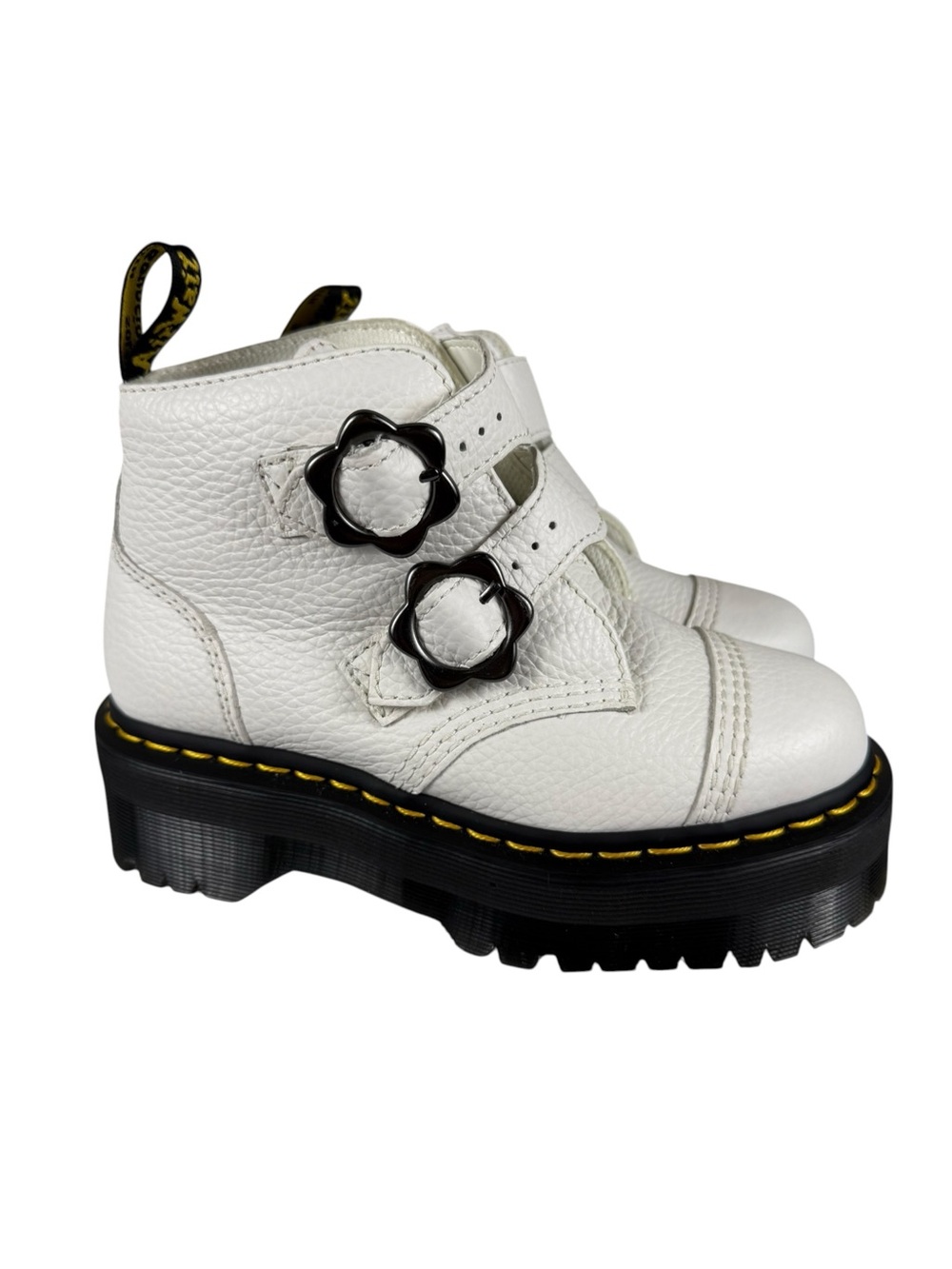 NEW Dr. Martens Devon Flower Buckle White Leather Platform Boots Sz 5